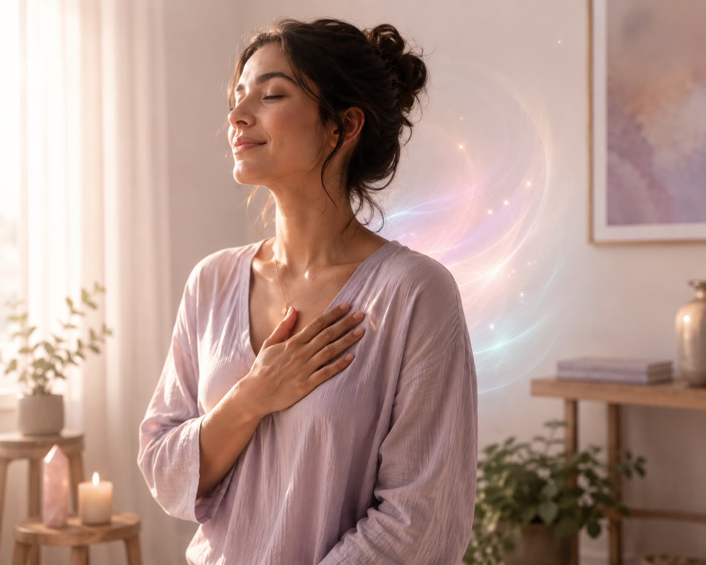 Terapeuta em um momento de pausa e cuidado, com a mão sobre o peito em um ambiente acolhedor.